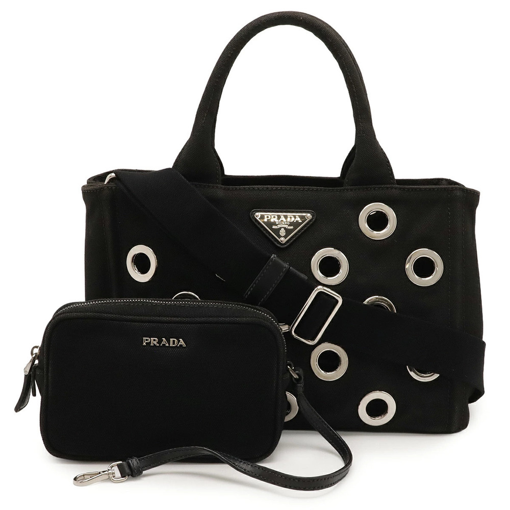 Prada Canapa Grommet Tote Bag Shoulder Canvas Black Nero Black Pouch